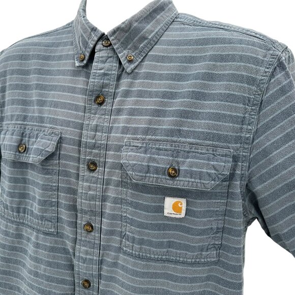 Carhartt Mens Medium Shirt Loose Fit Striped Blue Gray Button Short Sleeve - Picture 2 of 6